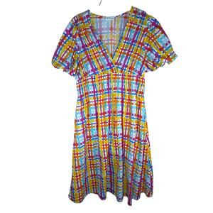First Love by Lovelyn Plaid Smocked Faux Wrap Dress 3X Multicolor Midi Cottage